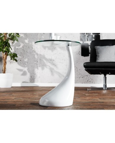 Mesa PEAR, baja, blanca, cristal, 50 cms de diámetro