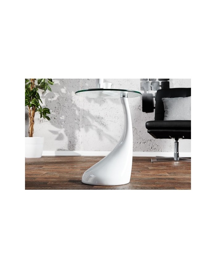 Mesa PEAR, baja, blanca, cristal, 50 cms de diámetro