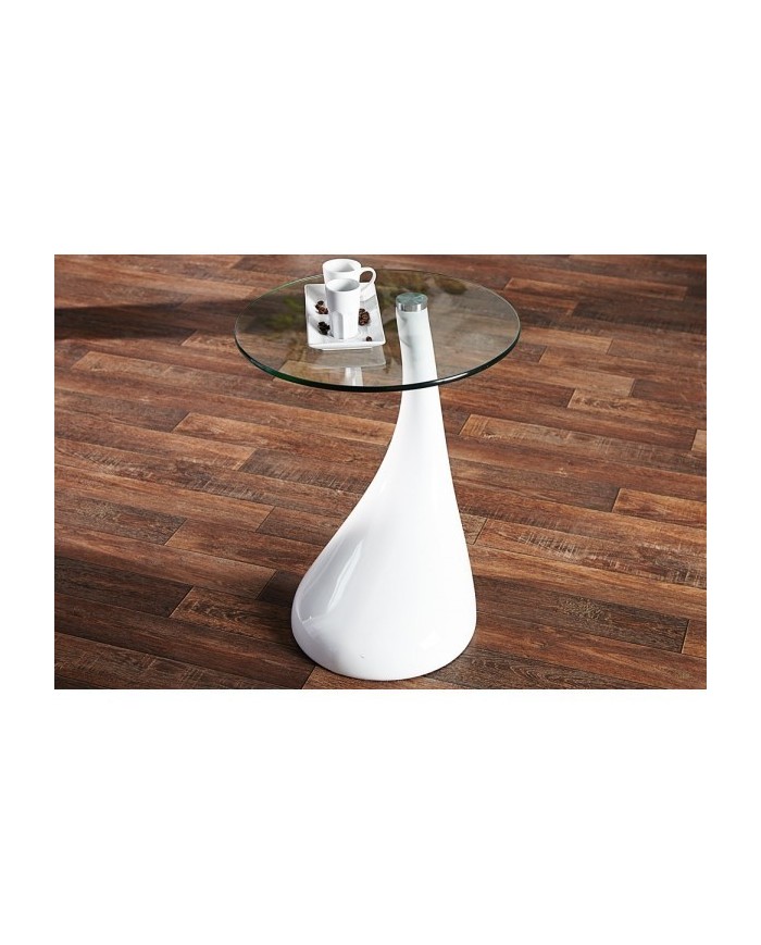 Mesa PEAR, baja, blanca, cristal, 50 cms de diámetro