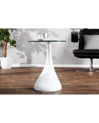 Mesa PEAR, baja, blanca, cristal, 50 cms de diámetro