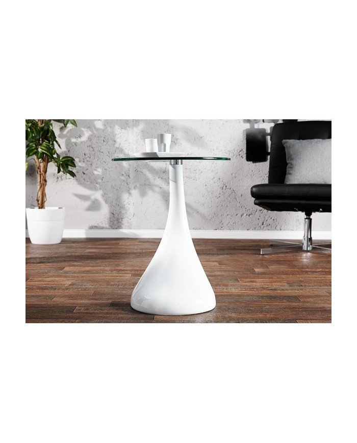 Mesa PEAR, baja, blanca, cristal, 50 cms de diámetro