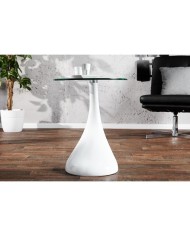 Mesa PEAR, baja, blanca, cristal, 50 cms de diámetro