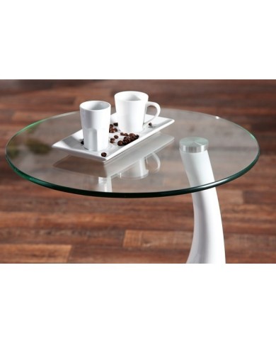 Mesa PEAR, baja, blanca, cristal, 50 cms de diámetro