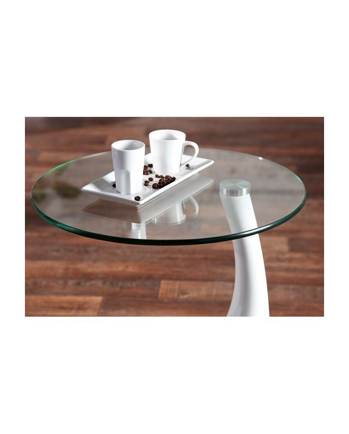 Mesa PEAR, baja, blanca, cristal, 50 cms de diámetro