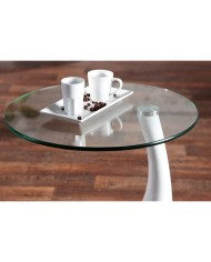 Mesa PEAR, baja, blanca, cristal, 50 cms de diámetro