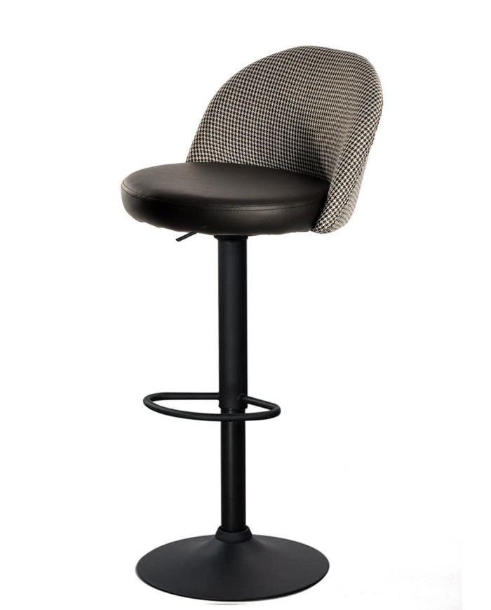 Taburete ETNA, regulable, metal negro, tapizado pata de gallo y similpiel negra