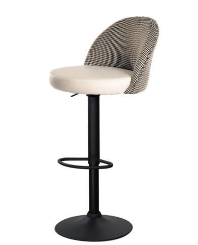 Taburete ETNA, regulable, metal negro, tapizado pata de gallo y similpiel blanca