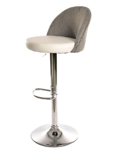 Taburete ETNA, regulable, cromado, tapizado pata de gallo y similpiel blanca