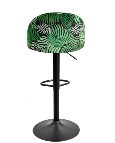 Taburete FLOWER, regulable, metal negro, tapizado velvet verde con trasera floral a juego
