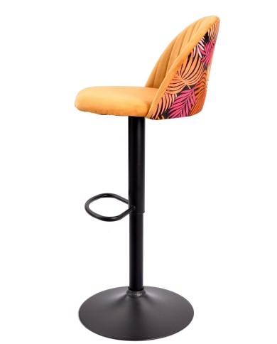 Taburete FLOWER, regulable, metal negro, tapizado velvet amarillo con trasera floral a juego