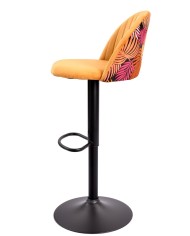Taburete FLOWER, regulable, metal negro, tapizado velvet amarillo con trasera floral a juego