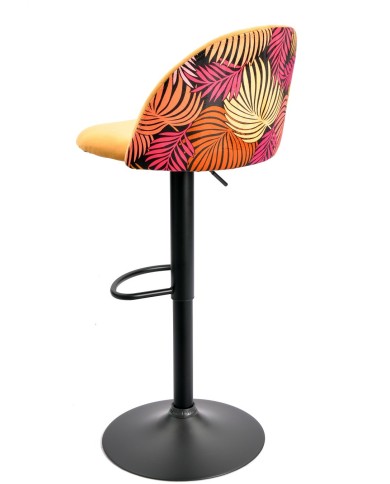 Taburete FLOWER, regulable, metal negro, tapizado velvet amarillo con trasera floral a juego