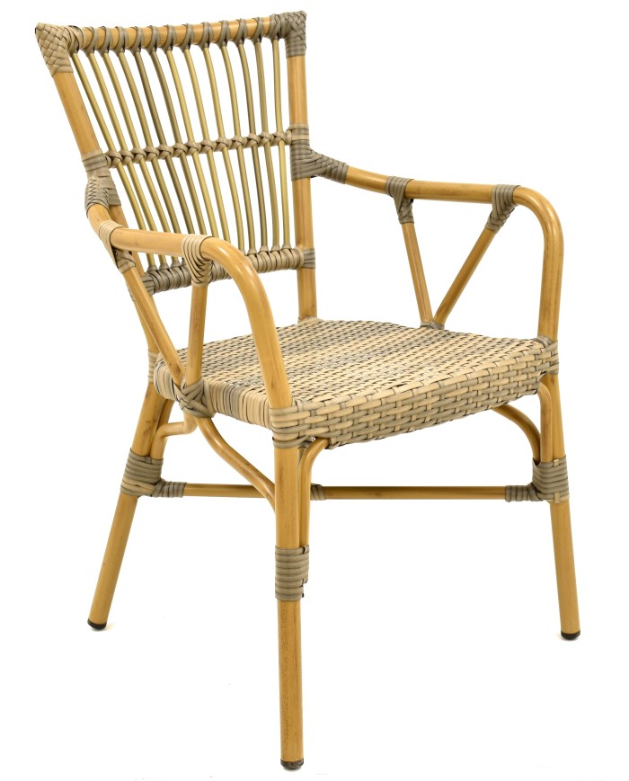 Sillón PAROS, apilable, aluminio, ratán marrón y gris