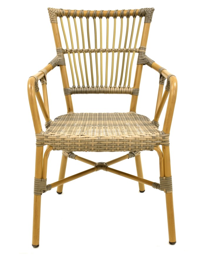 Sillón PAROS, apilable, aluminio, ratán marrón y gris