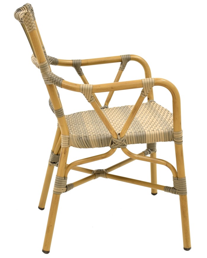 Sillón PAROS, apilable, aluminio, ratán marrón y gris