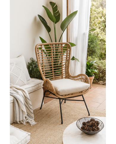 Sillón JAVA, metal, cojín, ratán beige
