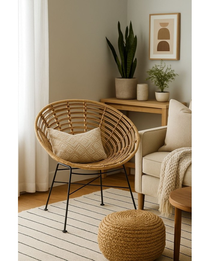 Sillón CIDORA, metal, ratán beige