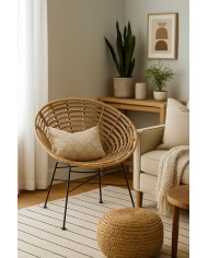 Sillón CIDORA, metal, ratán beige