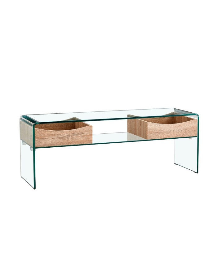 Mesa TV LIBRA, cajones, cristal curvado, 120 x 35 cms