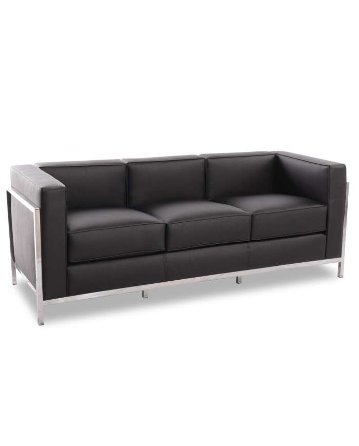 Sofá LOBBY, 3 plazas, acero inoxidable, similpiel negra