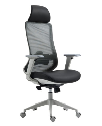 Sillón de oficina ARANJUEZ, alto, gris, ergonómico, multifunción, malla y asiento negro