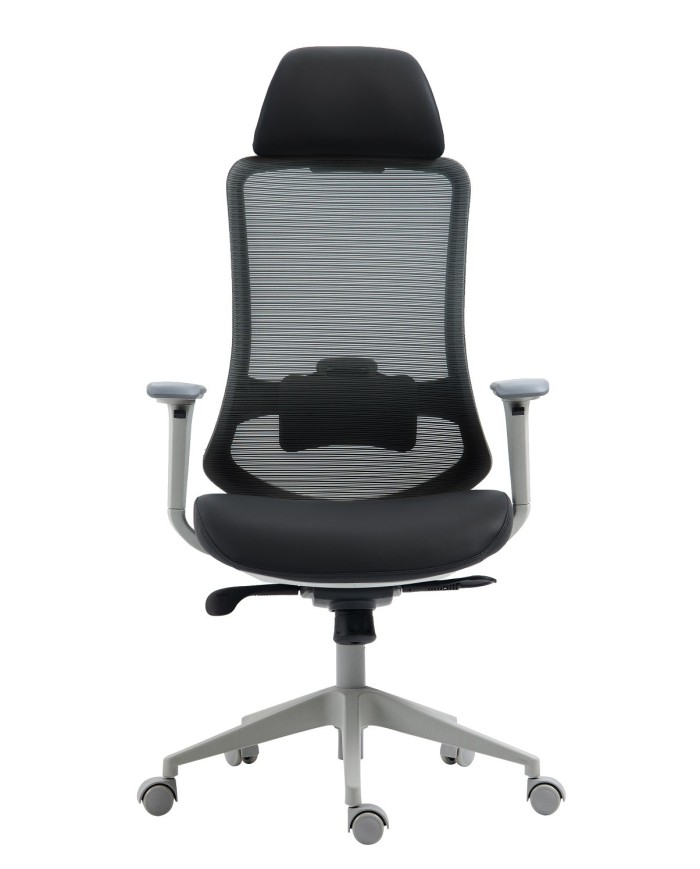Sillón de oficina ARANJUEZ, alto, gris, ergonómico, multifunción, malla y asiento negro