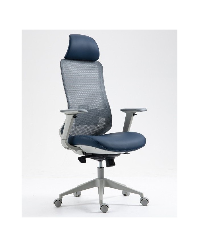 Sillón de oficina ARANJUEZ, alto, gris, ergonómico, multifunción, malla y asiento azul