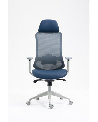 Sillón de oficina ARANJUEZ, alto, gris, ergonómico, multifunción, malla y asiento azul