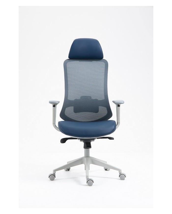 Sillón de oficina ARANJUEZ, alto, gris, ergonómico, multifunción, malla y asiento azul
