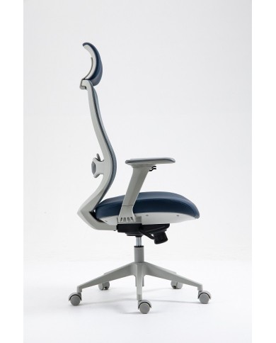 Sillón de oficina ARANJUEZ, alto, gris, ergonómico, multifunción, malla y asiento azul