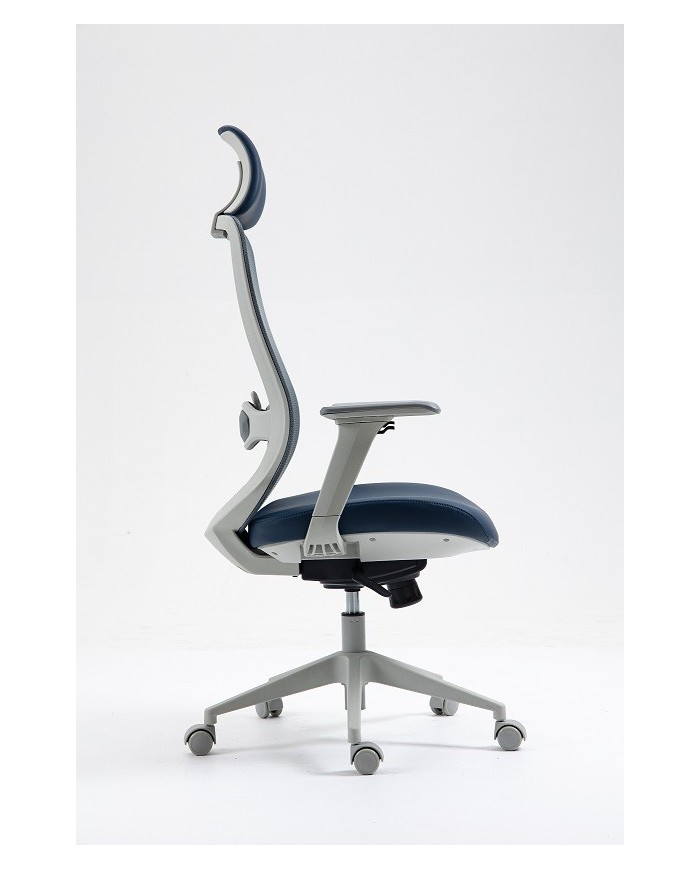 Sillón de oficina ARANJUEZ, alto, gris, ergonómico, multifunción, malla y asiento azul