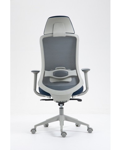 Sillón de oficina ARANJUEZ, alto, gris, ergonómico, multifunción, malla y asiento azul