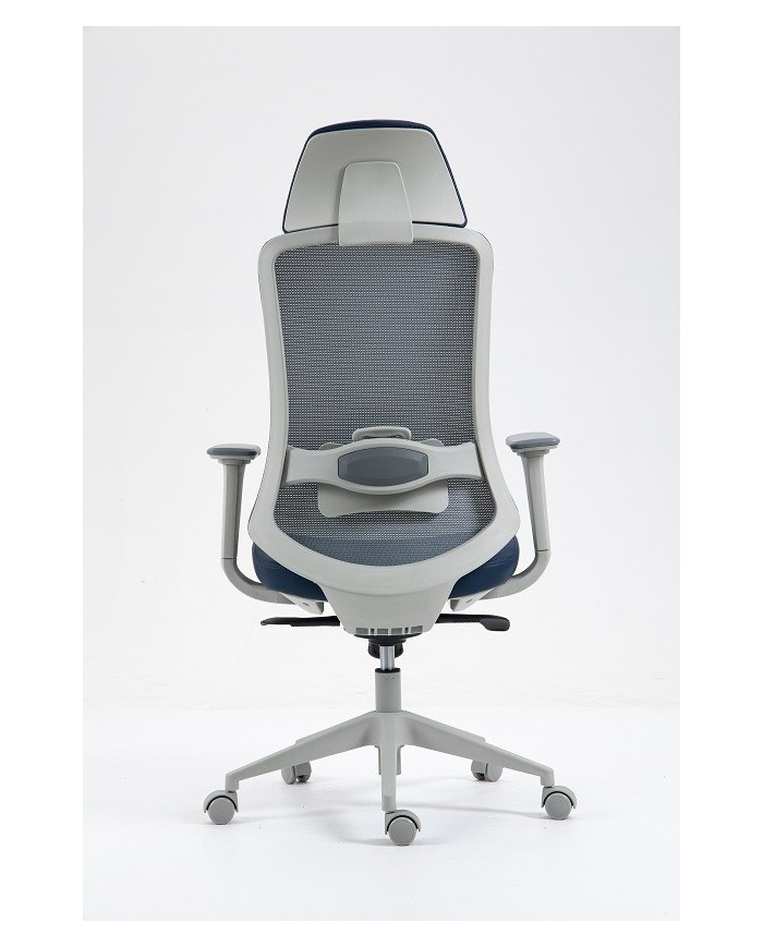 Sillón de oficina ARANJUEZ, alto, gris, ergonómico, multifunción, malla y asiento azul
