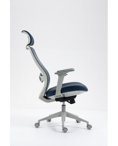 Sillón de oficina ARANJUEZ, alto, gris, ergonómico, multifunción, malla y asiento azul