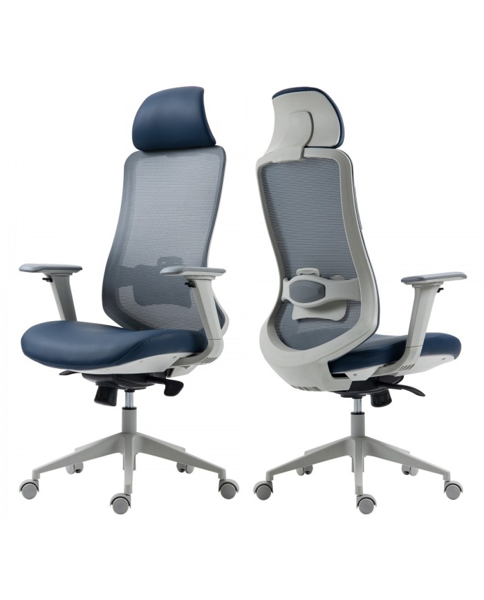 Sillón de oficina ARANJUEZ, alto, gris, ergonómico, multifunción, malla y asiento azul