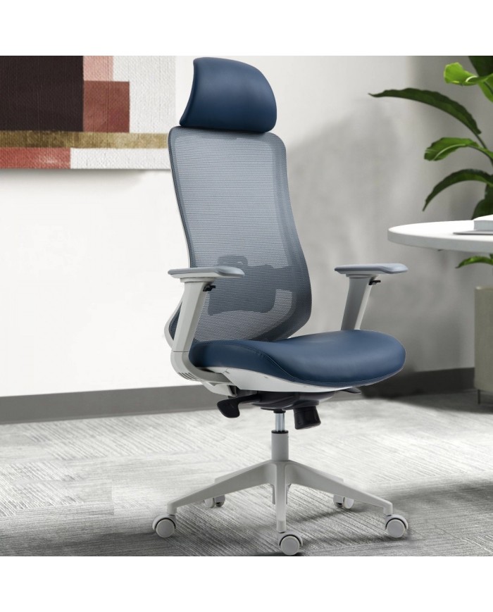 Sillón de oficina ARANJUEZ, alto, gris, ergonómico, multifunción, malla y asiento azul