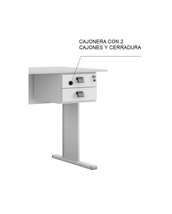 Cajonera WORK A200, fija, 2 cajones, guías metálicas, cerradura, platino