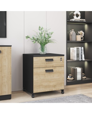 Cajonera WORK WK8, ruedas, 2 cajones, guías metálicas, cerradura, natural y negro