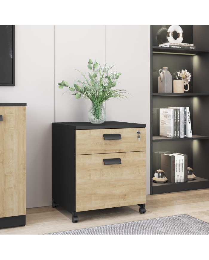 Cajonera WORK WK8, ruedas, 2 cajones, guías metálicas, cerradura, natural y negro