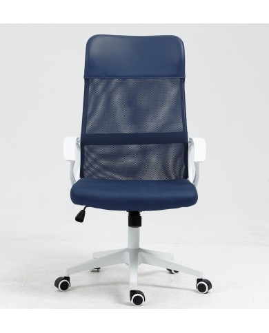 Sillón de oficina VERTON, blanco, malla y asiento azul oscuro