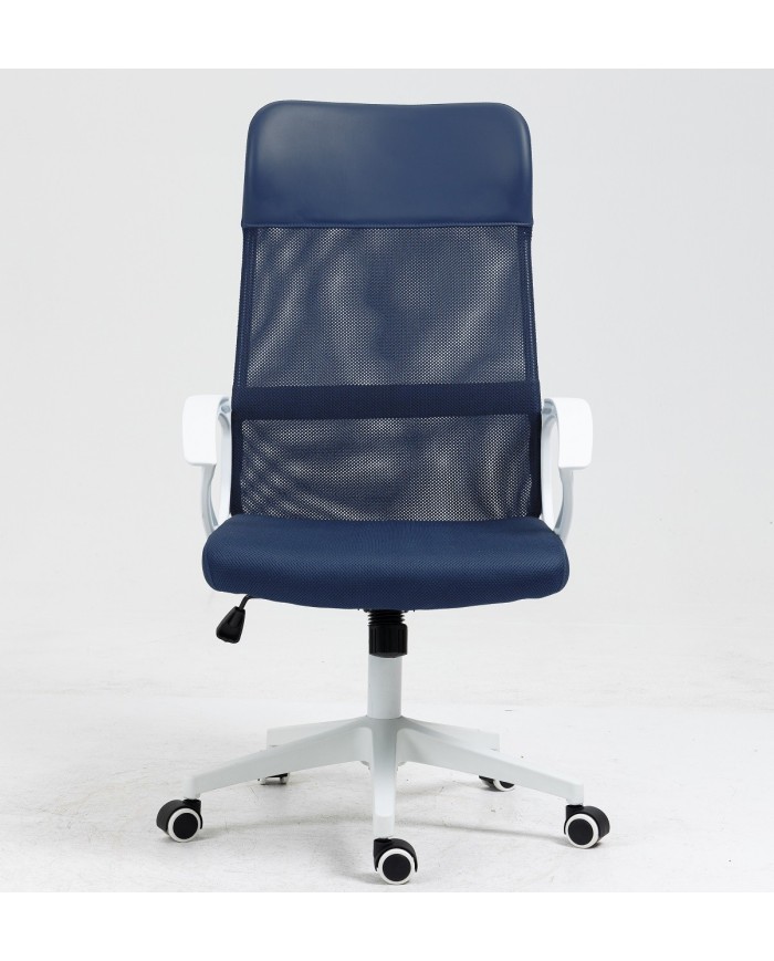 Sillón de oficina VERTON, blanco, malla y asiento azul oscuro