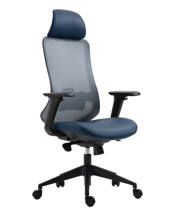 Sillón de oficina ARANJUEZ, alto, negro, ergonómico, multifunción, malla y asiento azul