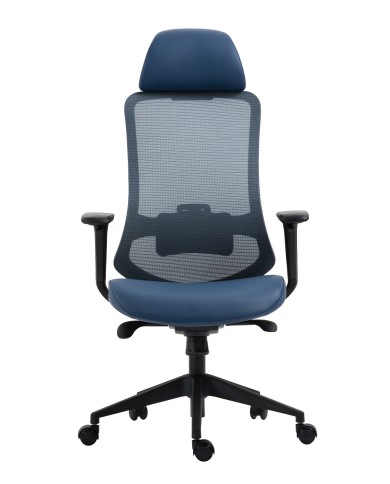 Sillón de oficina ARANJUEZ, alto, negro, ergonómico, multifunción, malla y asiento azul