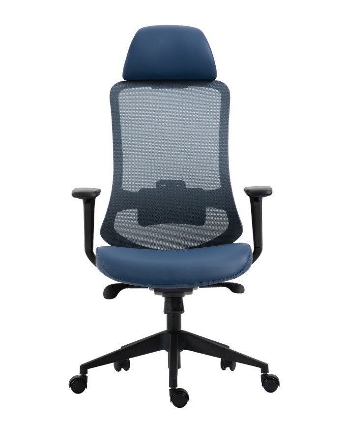 Sillón de oficina ARANJUEZ, alto, negro, ergonómico, multifunción, malla y asiento azul