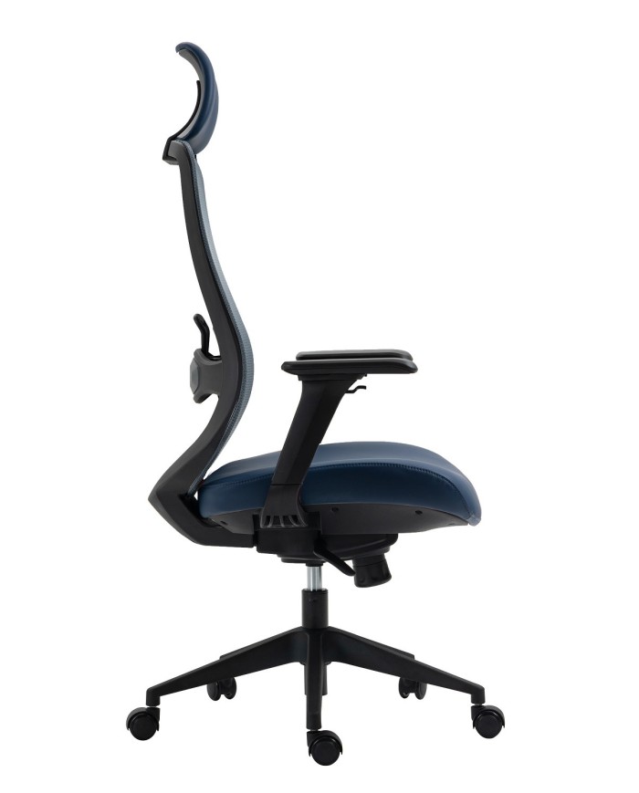 Sillón de oficina ARANJUEZ, alto, negro, ergonómico, multifunción, malla y asiento azul