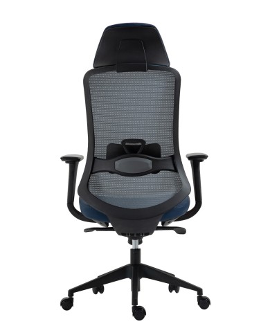 Sillón de oficina ARANJUEZ, alto, negro, ergonómico, multifunción, malla y asiento azul