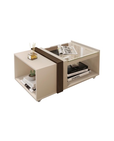 Mesa FRANCIA, baja, cristal, MDP blanco roto y nogal, 90,5 x 54 cms