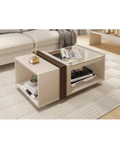 Mesa FRANCIA, baja, cristal, MDP blanco roto y nogal, 90,5 x 54 cms