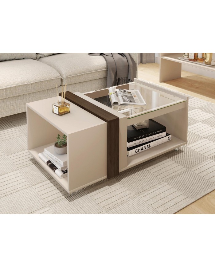 Mesa FRANCIA, baja, cristal, MDP blanco roto y nogal, 90,5 x 54 cms