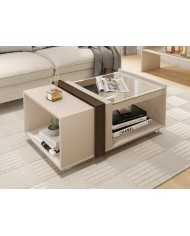 Mesa FRANCIA, baja, cristal, MDP blanco roto y nogal, 90,5 x 54 cms